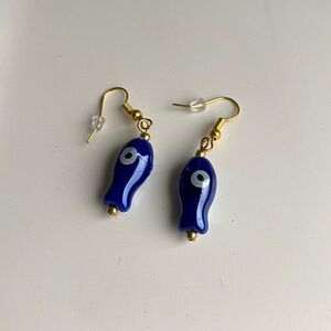 Handmade 18K GOLD PLATED STAINLESS STEEL Earrings Blue Ceramic Fish Nautical